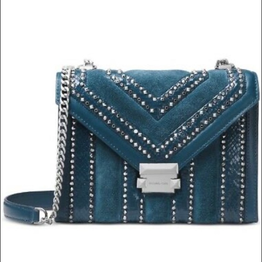 Michael Kors Whitney Teal/ Silver Large Mixed Media Convertible Shoulder Bag